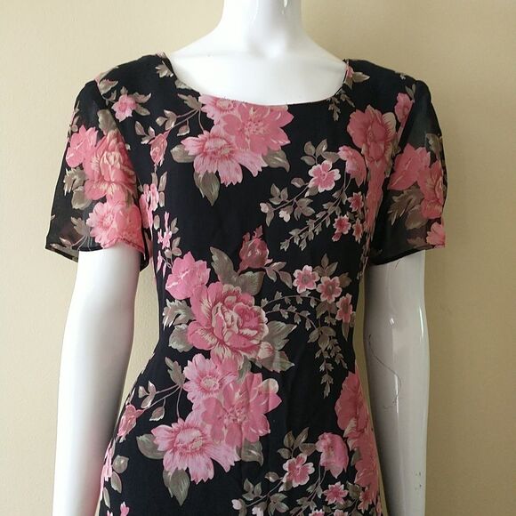 Caren Desiree Company Maxi Dress 14/M*Black Pink Floral Asian Fairy Cottagecore - Picture 2 of 11